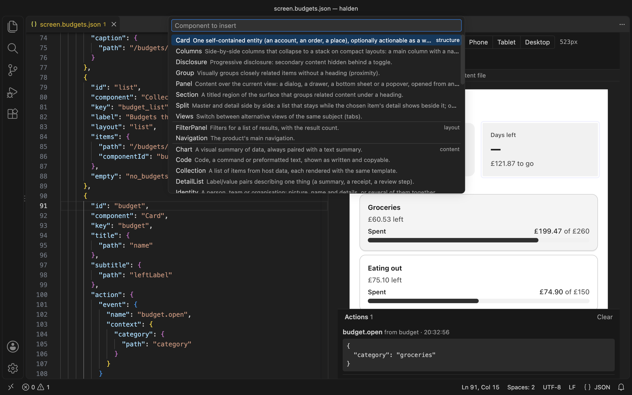 Insert component: the 44 components by category, each with a one-line summary